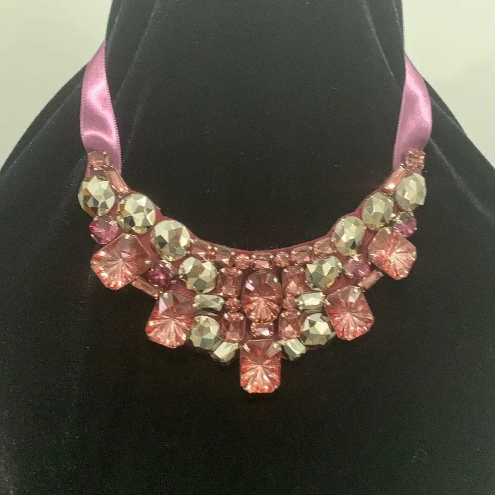 Joan River Burgundy Plum Bib Chunky Rhinestone Ribbon Necklace - Picture 7 of 7